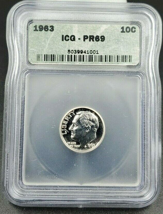 1963 P Roosevelt Silver Dime Coin Vintage ICG PR69 Near Perfect Gem Proof