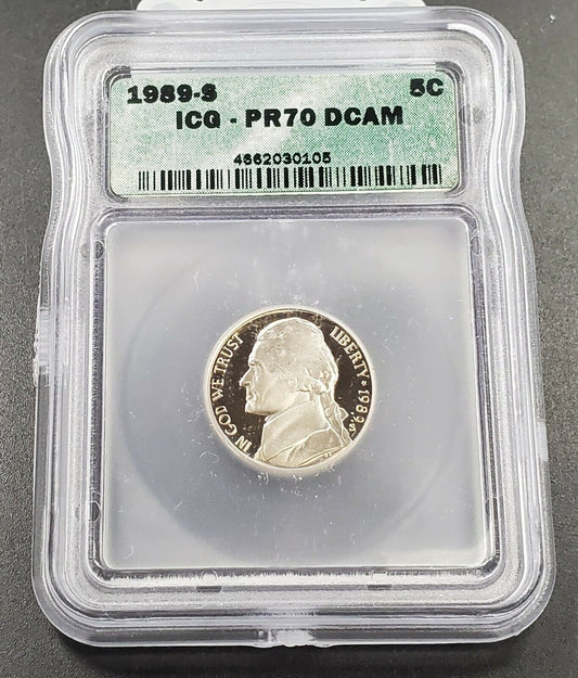 1989 S Proof Jefferson Nickel Coin ICG PR70 DCAM Deep Cameo Variety #2