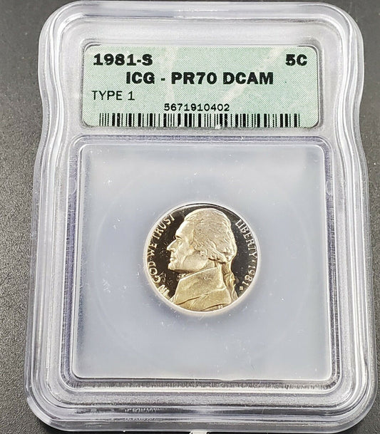 1981 Type 1 S Proof Jefferson Nickel Coin ICG PR70 DCAM Deep Cameo Variety #2