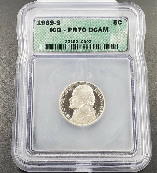 1989 S Proof Jefferson Nickel Coin ICG PR70 DCAM Deep Cameo Variety