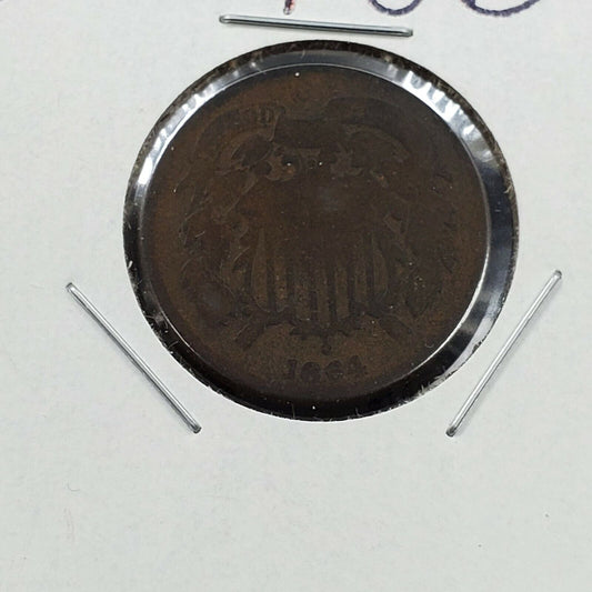 1864 P 2C Two Cent Copper Coin Piece AG About Good / Fair Large Motto