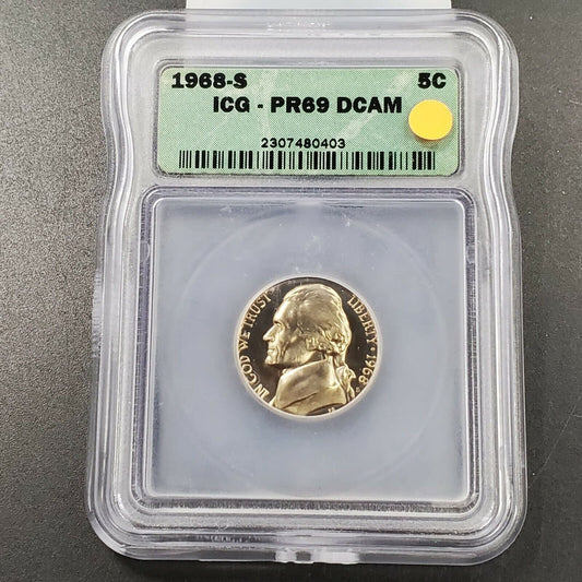 1968 S Jefferson Nickel Coin Vintage ICG PR69 DCAM Deep Cameo Gem Cameo Proof #2