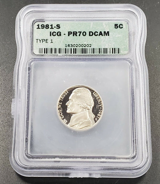 1981 Type 1 S Proof Jefferson Nickel Coin ICG PR70 DCAM Deep Cameo Variety #3