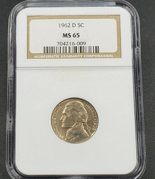 1962 D Jefferson Nickel Coin NGC MS65 Gem BU Certified