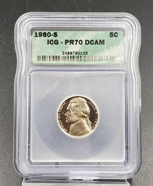 1980 S Proof Jefferson Nickel Coin ICG PR70 DCAM Deep Cameo Variety #3