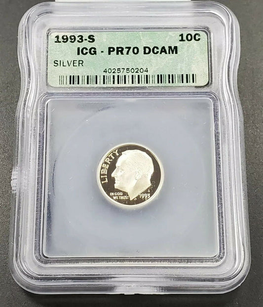 1993 S Roosevelt Silver Dime Proof Coin Vintage ICG PR70 DCAM Deep Cameo Gem