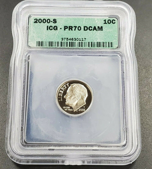 2000 S Roosevelt Clad Dime Proof Coin Vintage ICG PR70 DCAM Deep Cameo Gem