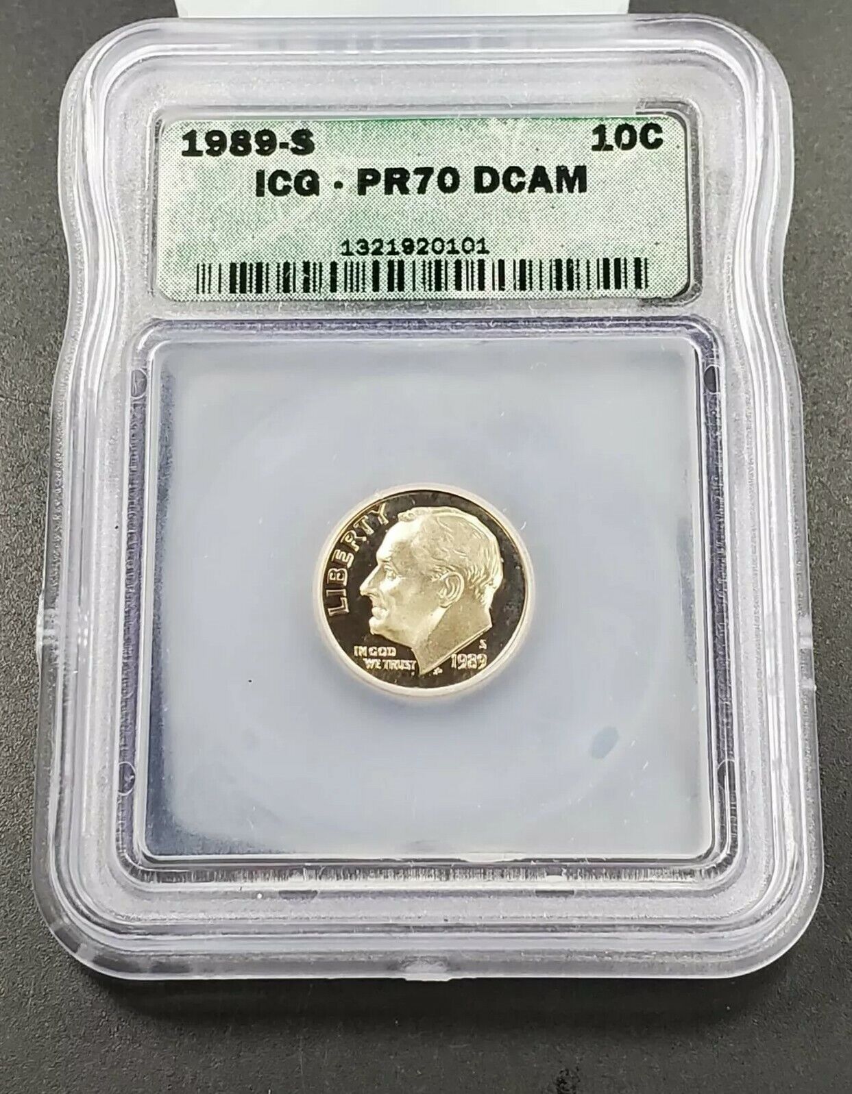 1989 S Roosevelt Clad Dime Proof Coin Vintage ICG PR70 DCAM Deep Cameo Gem