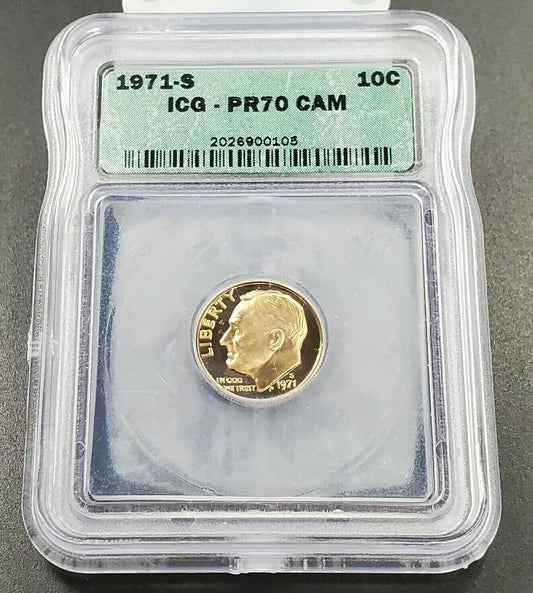 1971 S Roosevelt Clad Dime Proof Coin Vintage ICG PR70 CAM Deep Cameo Gem