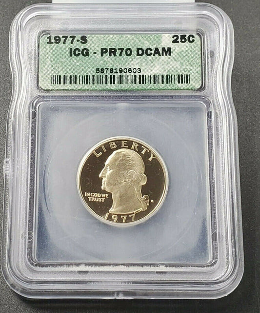 1977 S 25C Washington Quarter Clad Coin ICG PR70 Dcam Perfect Grade Proof Gem 2