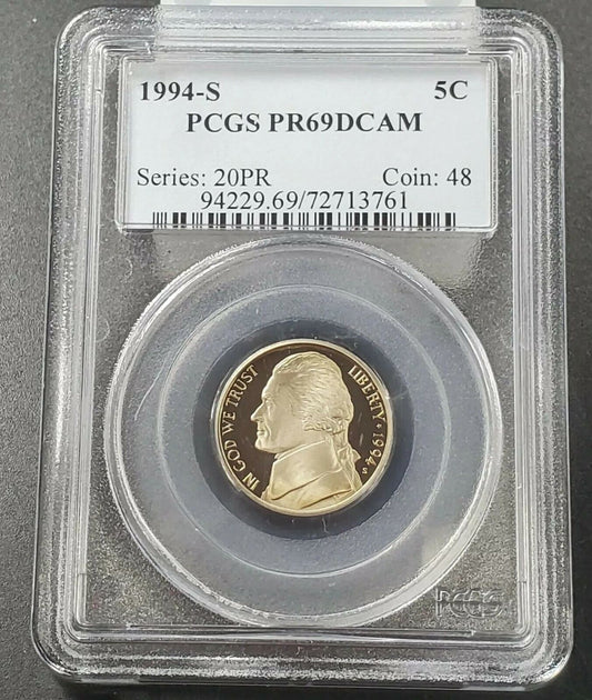 1994 S Proof Jefferson Nickel Coin PCGS PR69 DCAM Robinsonscointown