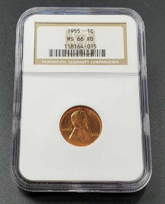 1955 P Lincoln Wheat Cent Penny Coin MS66 NGC Red RD Brown LBL Holder Gem BU