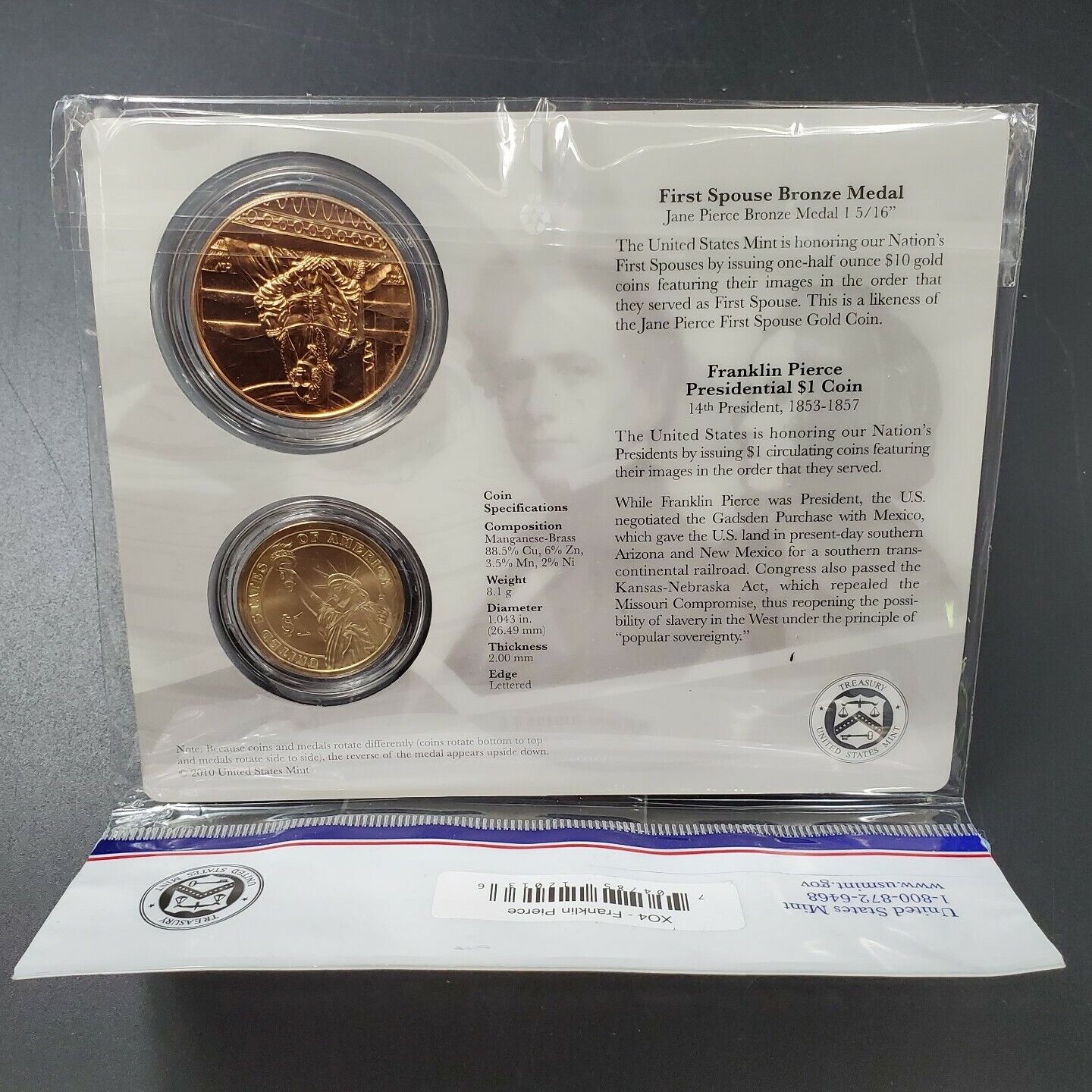 Franklin Pierce & Jane First Spouse $1 Presidential Coin & Medal Set BU OGP