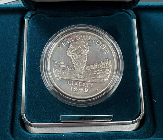 1999 Proof Silver One Dollar Yellowstone Park US Mint $1 Coin Box and COA
