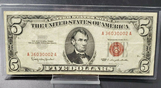 1963 $5 Red Seal Legal Tender Note Bill VF Very Fine US Currency Repeat serial #