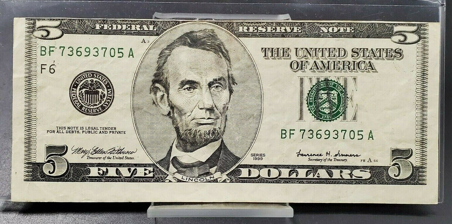 $5 1999 FRN ERROR NOTE MISALIGNED MISCUT Federal Reserve Note Atlanta District