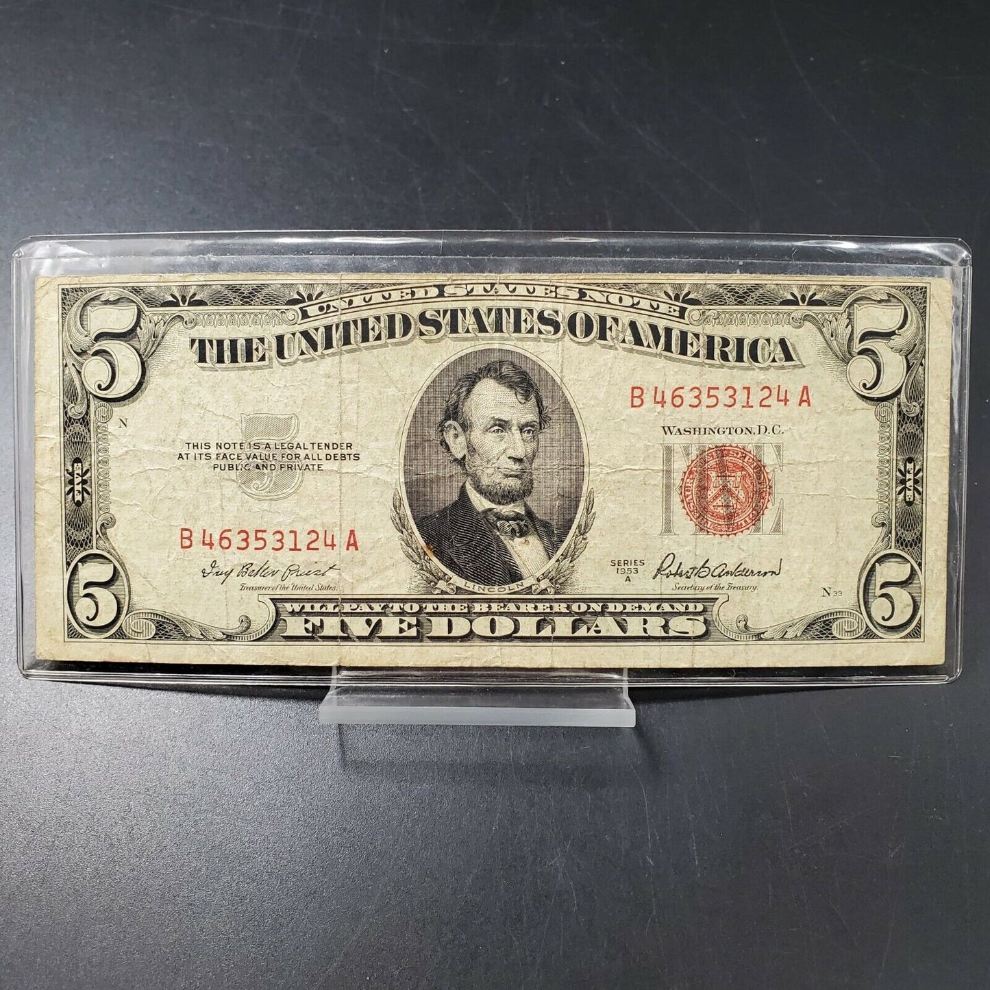 1953 A $5 Red Seal Legal Tender Note Bill US Currency VG 2