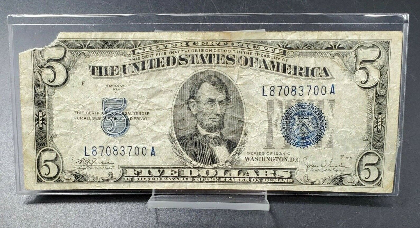 1934 C $5 Silver Certificate Blue Seal Very Neat Serial Number VERY Circulated