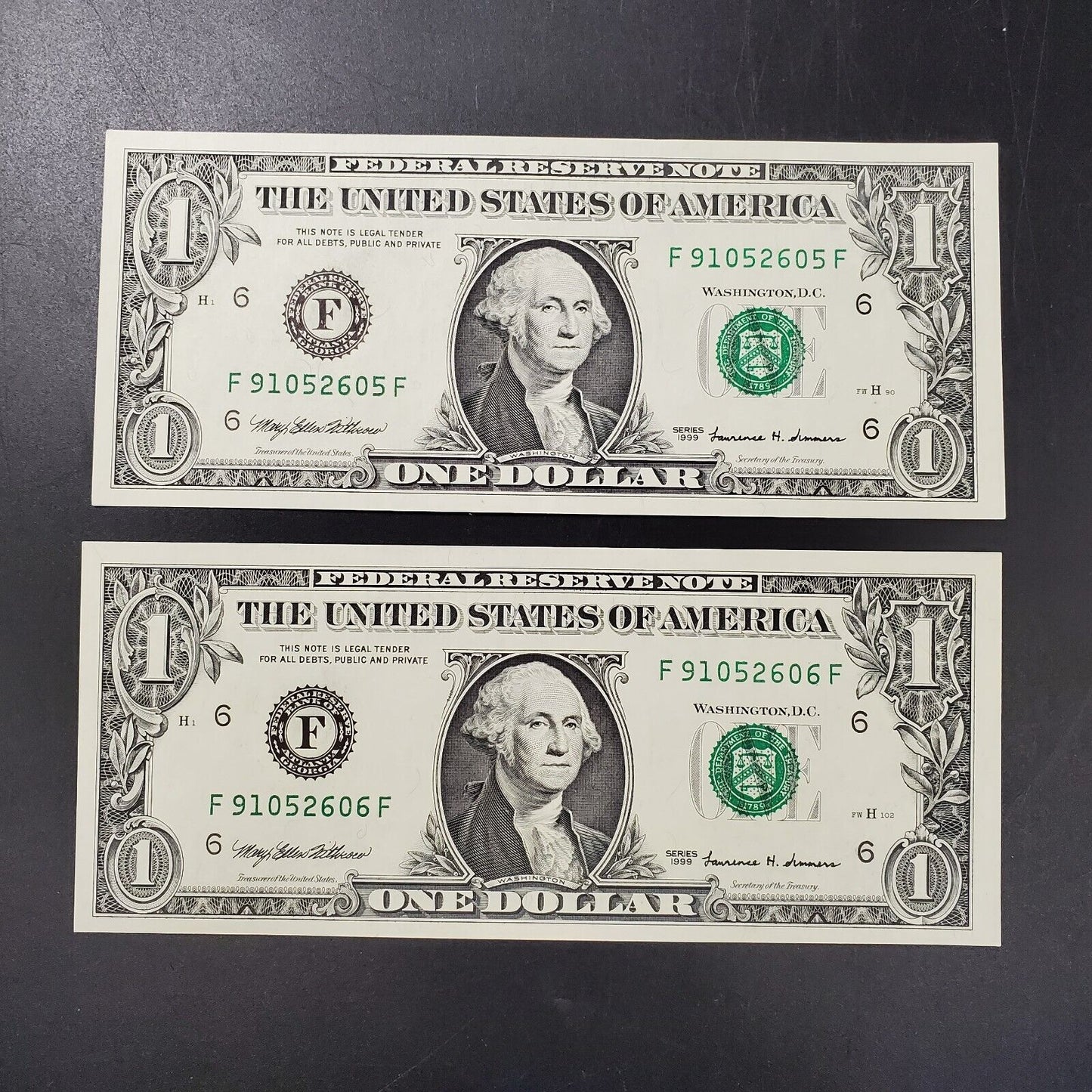 1999 $1 FRN Federal Reserve Note CH UNC Consecutive Pair 2 notes PPQ