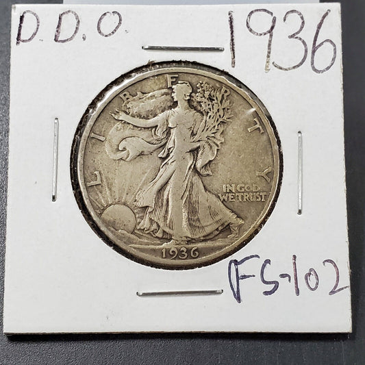 1936 P Walking Liberty Silver Half Dollar Coin VF Very Fine FS-102 DDO Variety