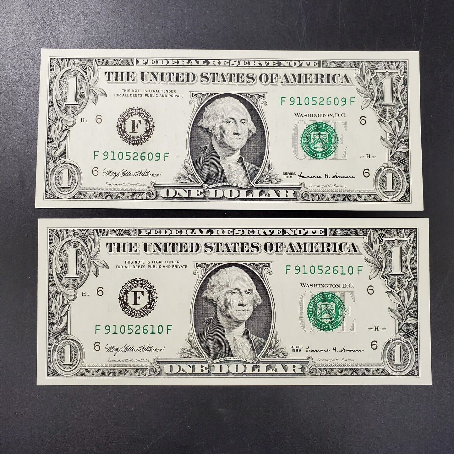 1999 $1 FRN Federal Reserve Note CH UNC Consecutive Pair 2 notes PPQ #2