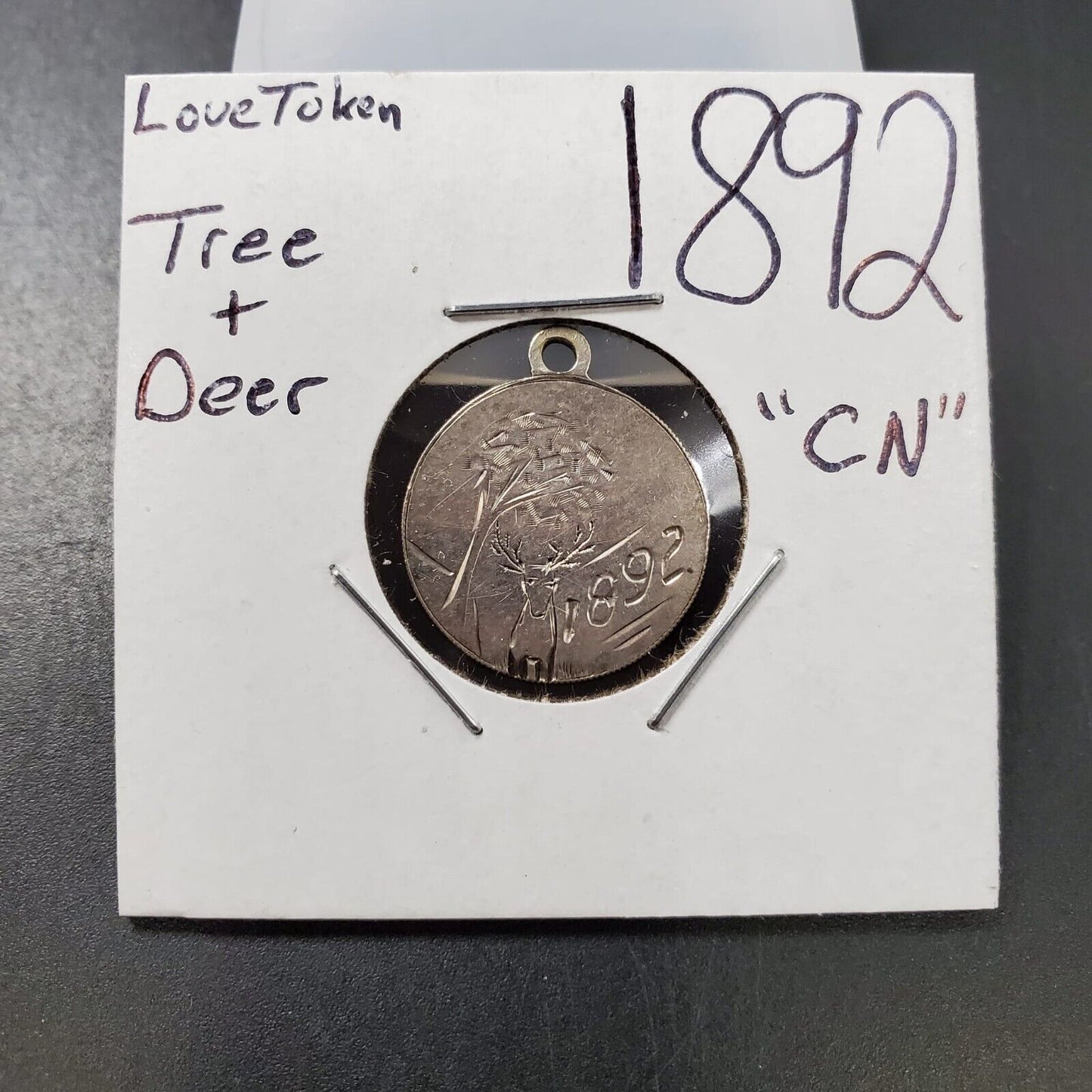 1892 Copper Nickel Custom Engraved Love Token Tree & Deer