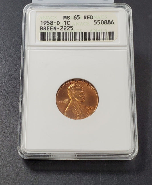 1958 D Lincoln Wheat Cent Penny Variety ANACS MS65 RED BREEN-2225