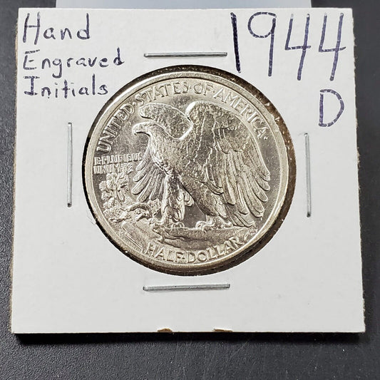 1944 D Walking Liberty Silver Eagle 90% Coin Hand Engraved Initials FS-901 UNC