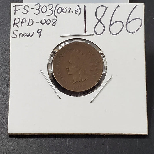 1866 P 1c Copper Nickel Indian Small Cent Penny Coin FS-303 VG Variety