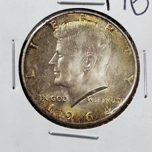 1964 D Kennedy 90% Silver Half Dollar Coin BU UNC Amber Toning Toner Obverse