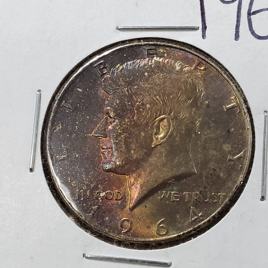 1964 P Kennedy 90% Silver Half Dollar Coin PQ Amber Toning Obverse
