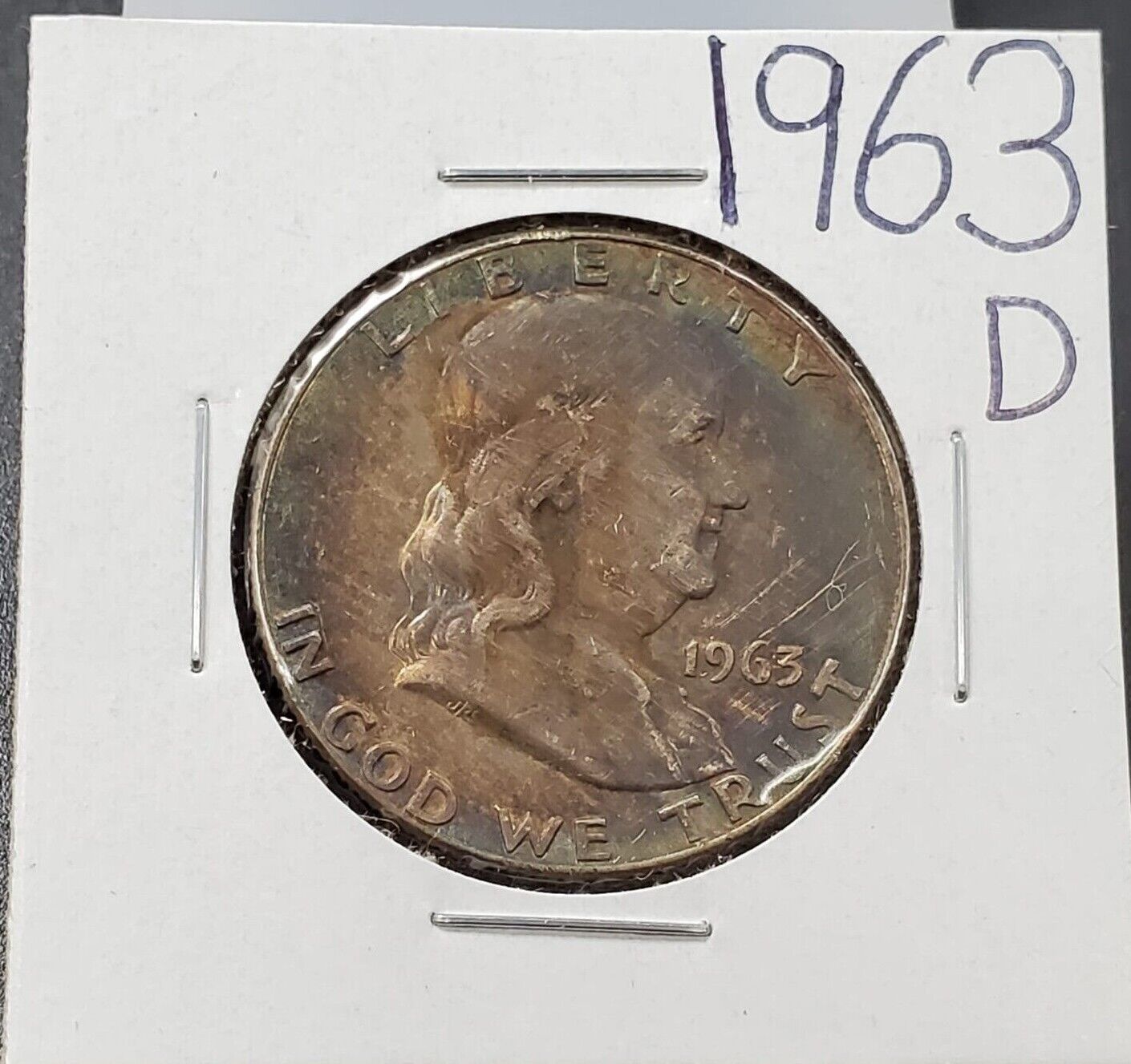 1963 D Franklin Silver Half Dollar Coin PQ Original Rainbow Circ Toning Toner XF
