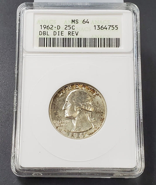 1962 D Washington Quarter 25c ANACS MS64 Double Die REV Variety Coin