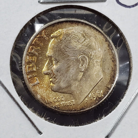 1961 D Roosevelt Silver Dime Neat Toning Toner OBV Amber