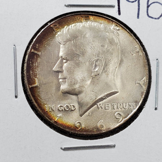 1969 D Kennedy 40% Silver Half Dollar Coin Amber Toning Toner Obverse CH BU