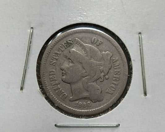 1866 P  3c Liberty Three Cent Nickel Coin Choice VG VERY GOOD / FINE Circulated