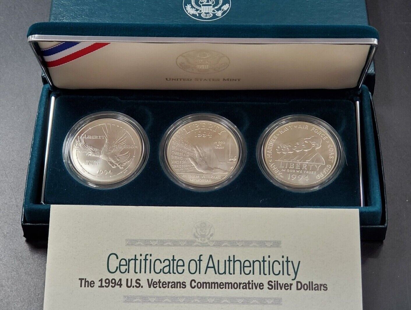 1994 US Veterans Commemorative Silver Dollars Coin Complete Set OGP BU Business