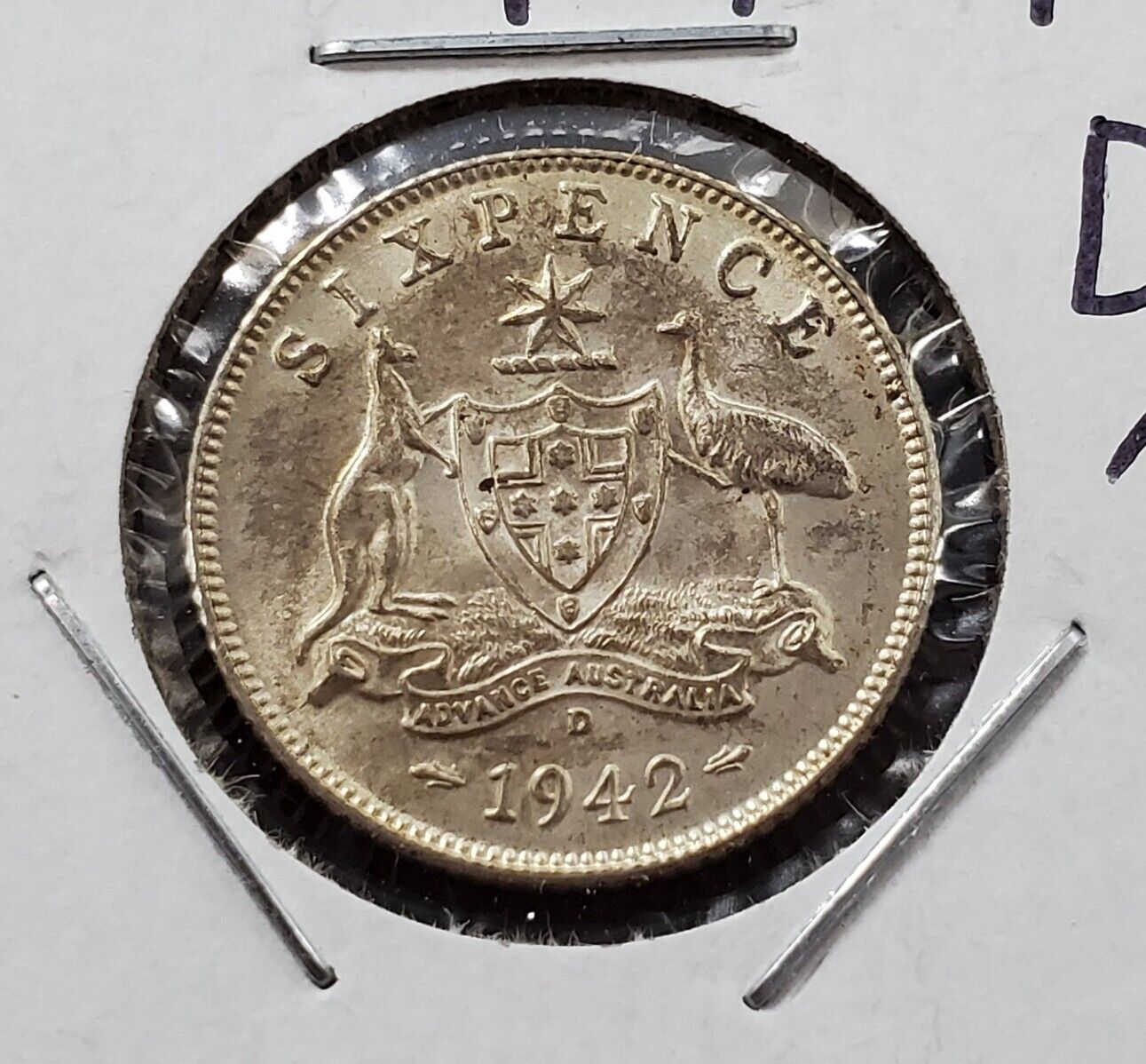 Australia 1942 D 6 Pence Sixpence Six Pence  Silver Coin  BU UNC D/D RPM Variety
