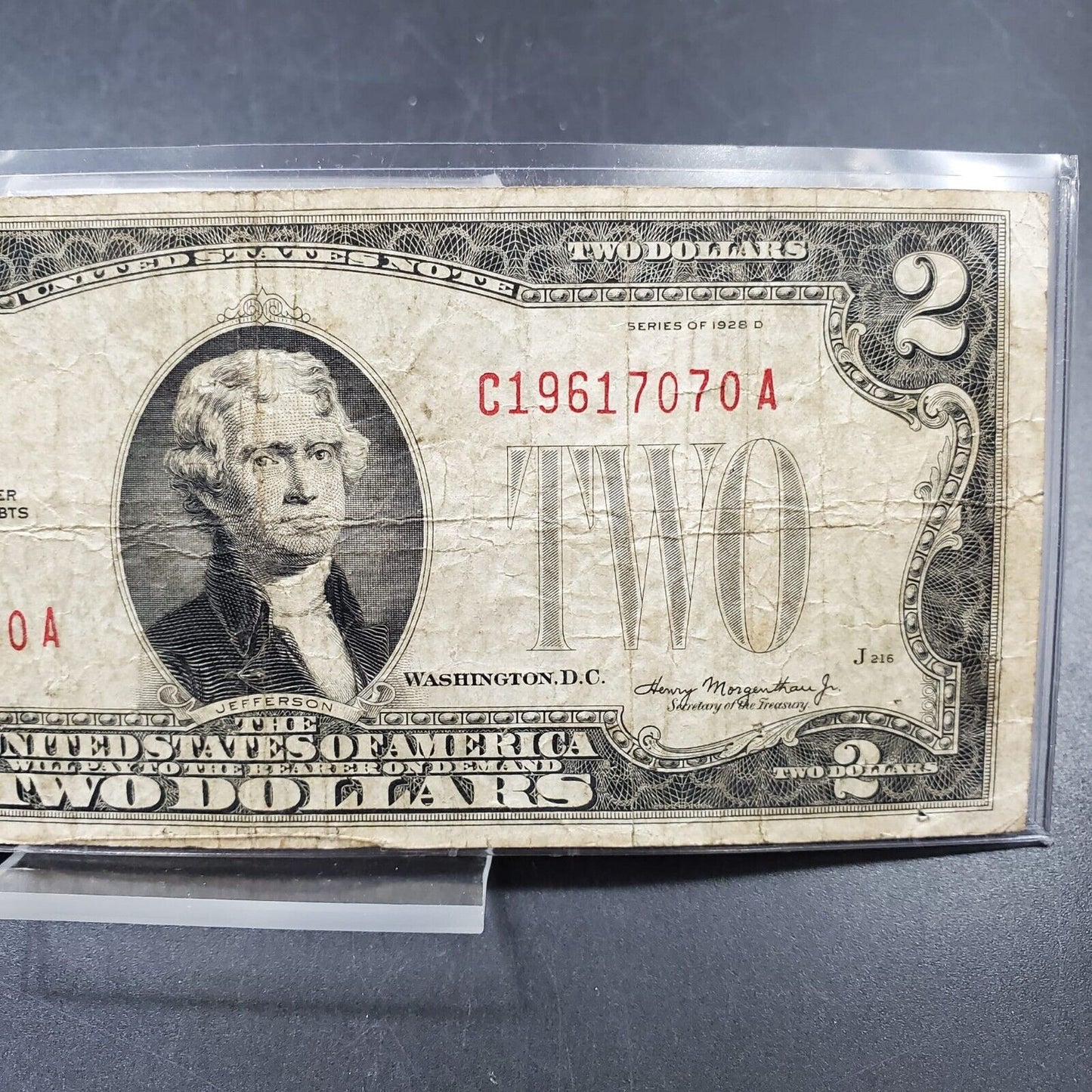 MULE NOTE 1928 D $2 United States Red Seal VG Circulated Condition J Block