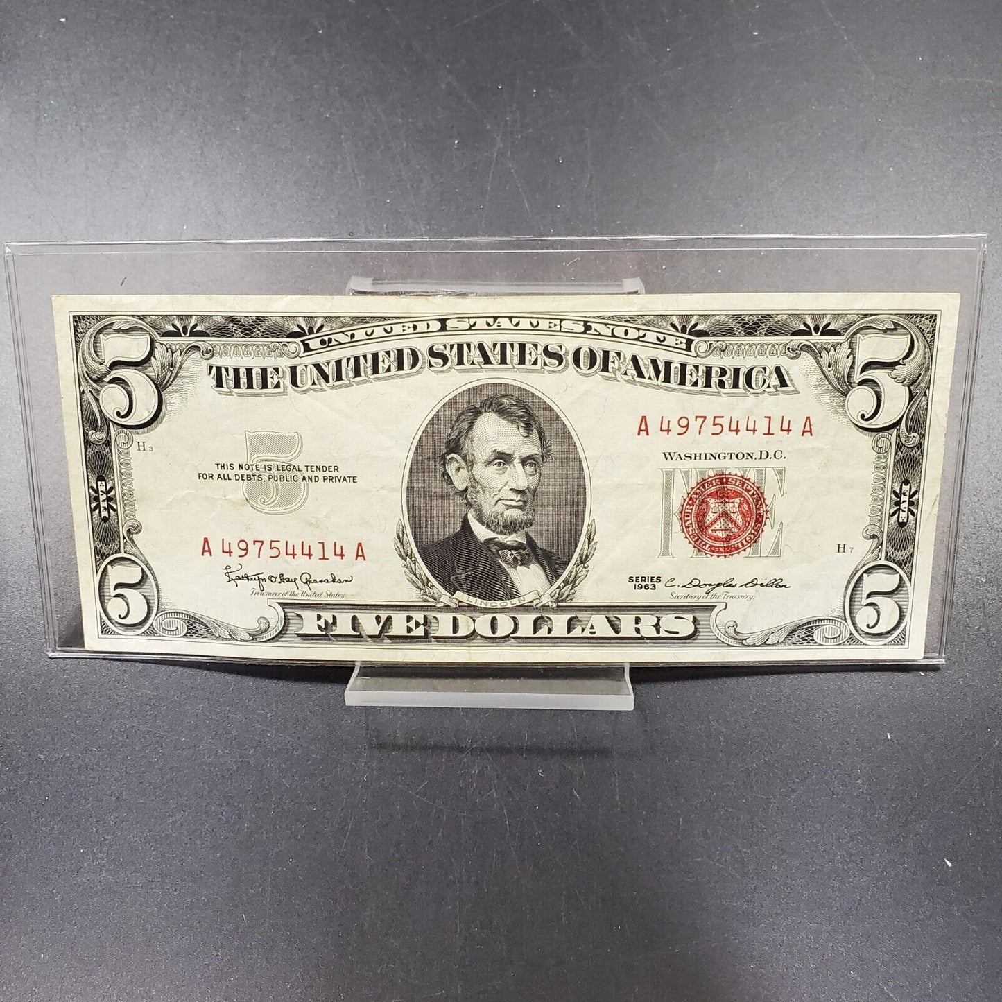 1963 $5 Five Dollar United States Red Seal Note VF SINGLE DIGIT PLATE # NUMBERS