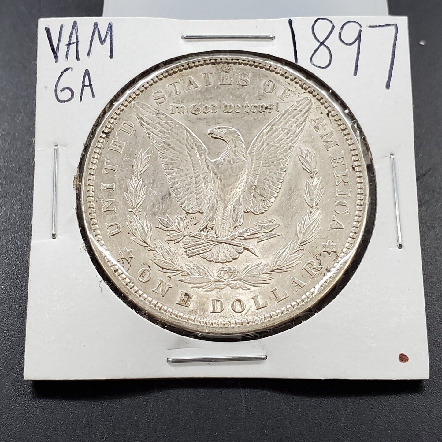 1897 P Morgan Silver Eagle Dollar Vam 6A Pitted reverse AU About unc