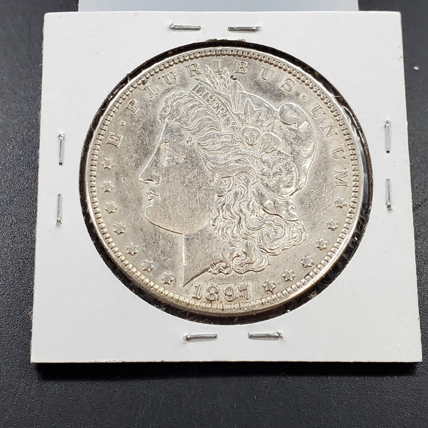 1897 P Morgan Silver Eagle Dollar Vam 6A Pitted reverse AU About unc