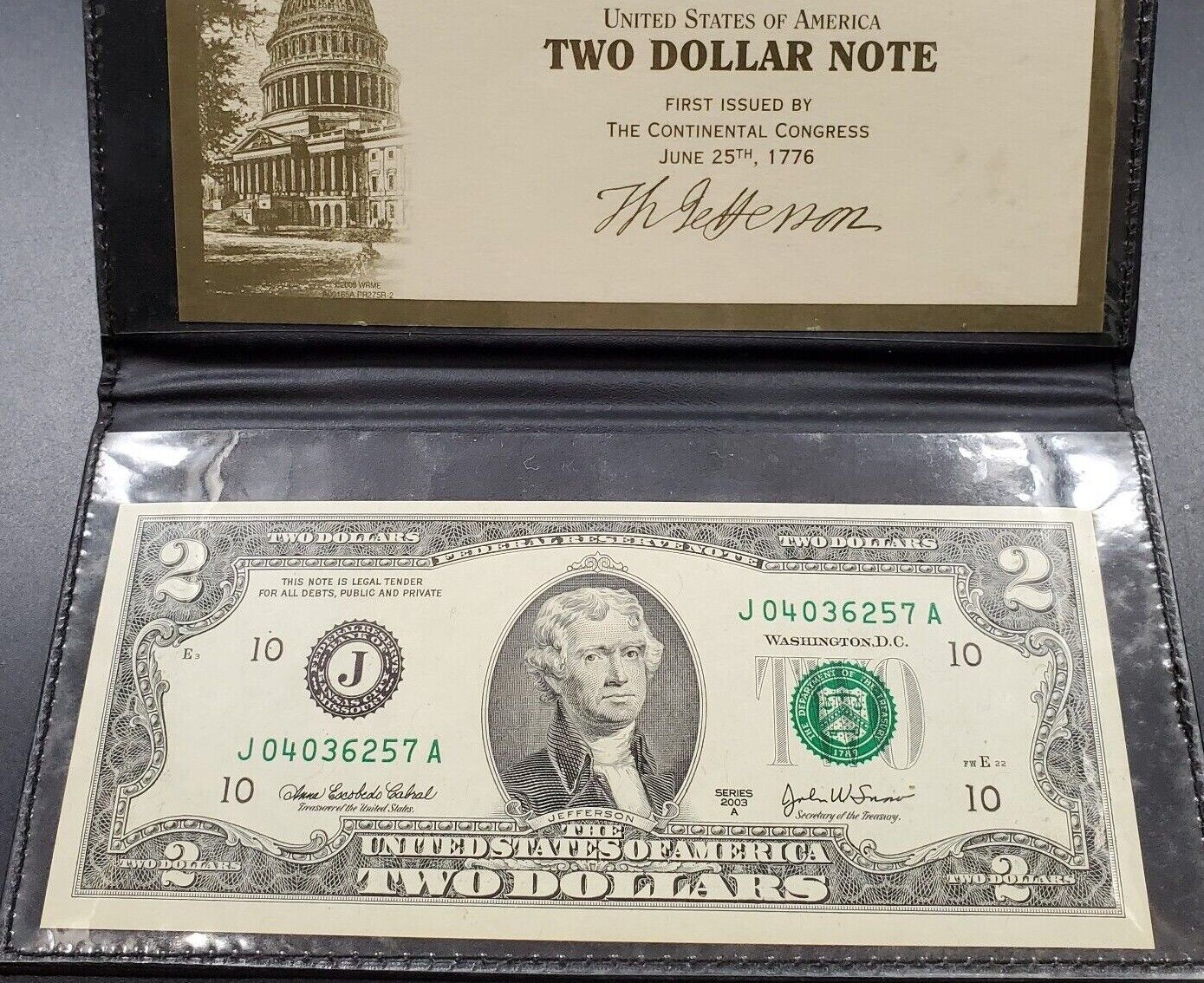 2003 A $2 FRN Federal Reserve Note Bill CH UNC in Congress Display Pack