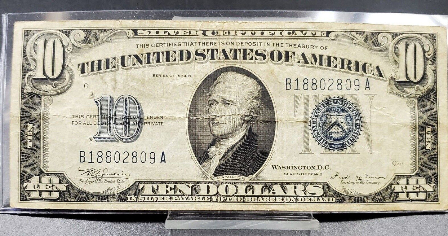 1934 B $10 Blue Seal Silver Certificate Choice Fine Key Series Note Bill