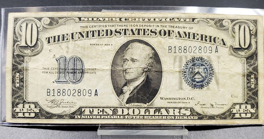 1934 B $10 Blue Seal Silver Certificate Choice Fine Key Series Note Bill