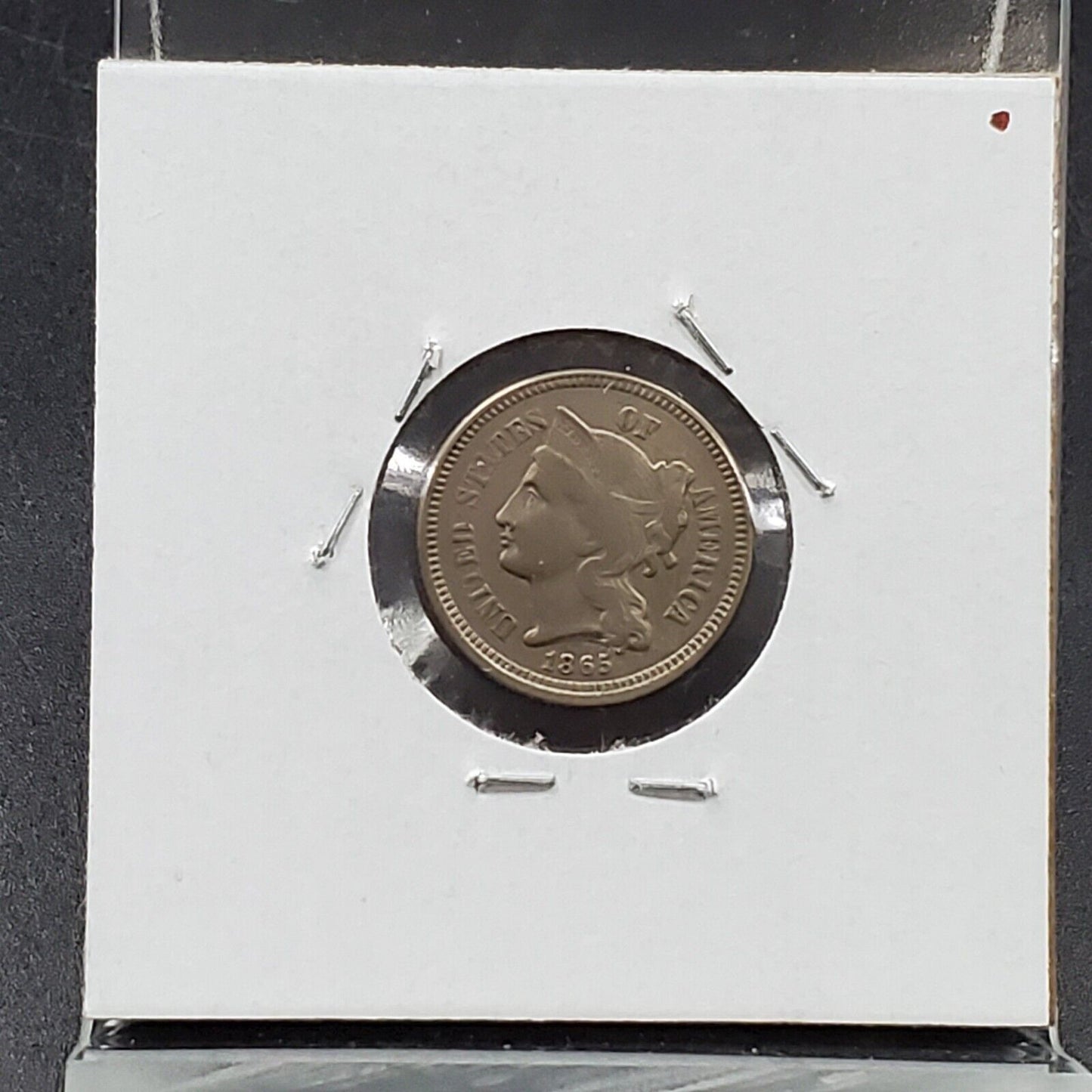 1865 P 3c Liberty Three Cent Nickel Coin DIE BREAK Error XF EF Extra Fine