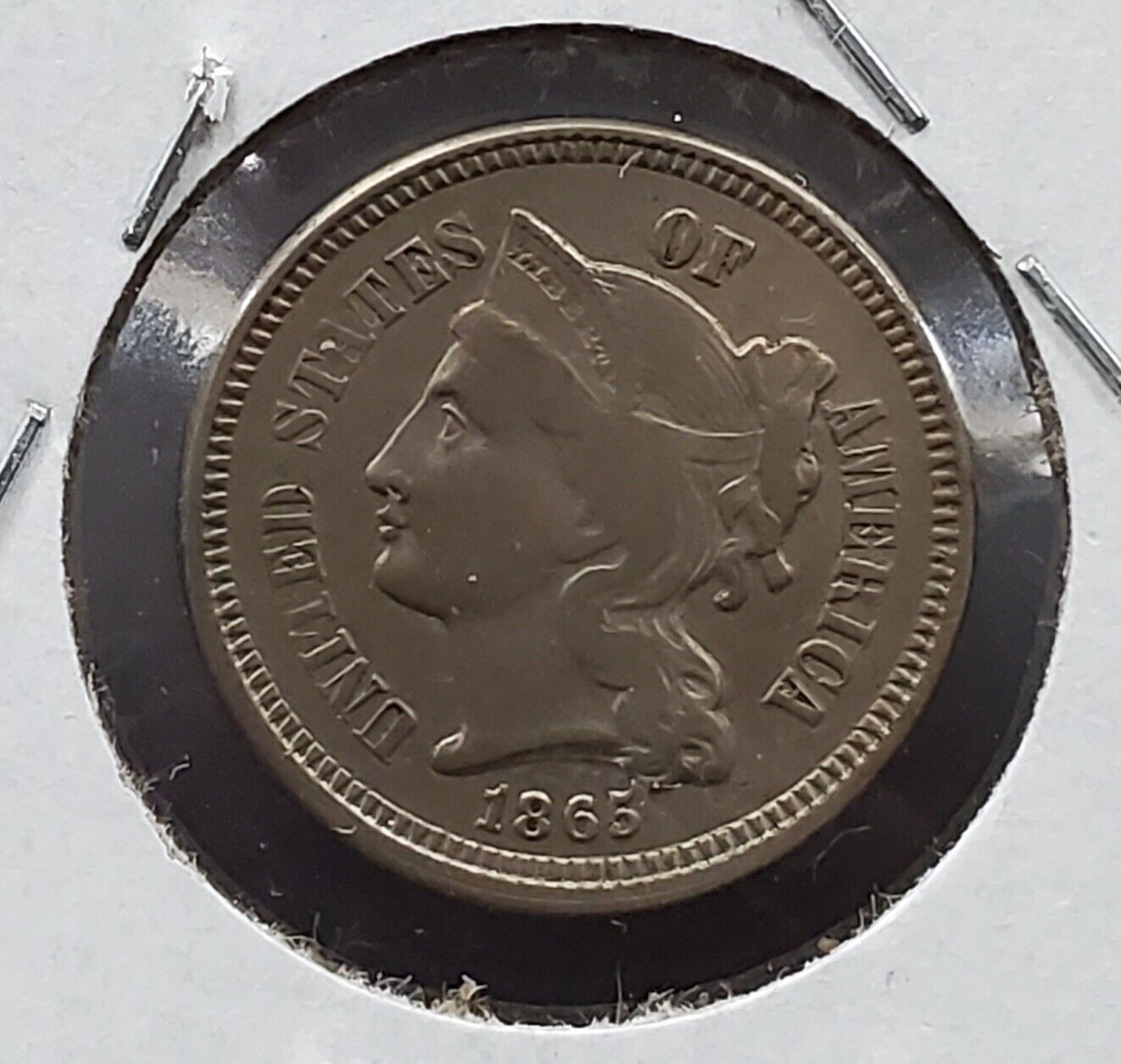 1865 P 3c Liberty Three Cent Nickel Coin DIE BREAK Error XF EF Extra Fine