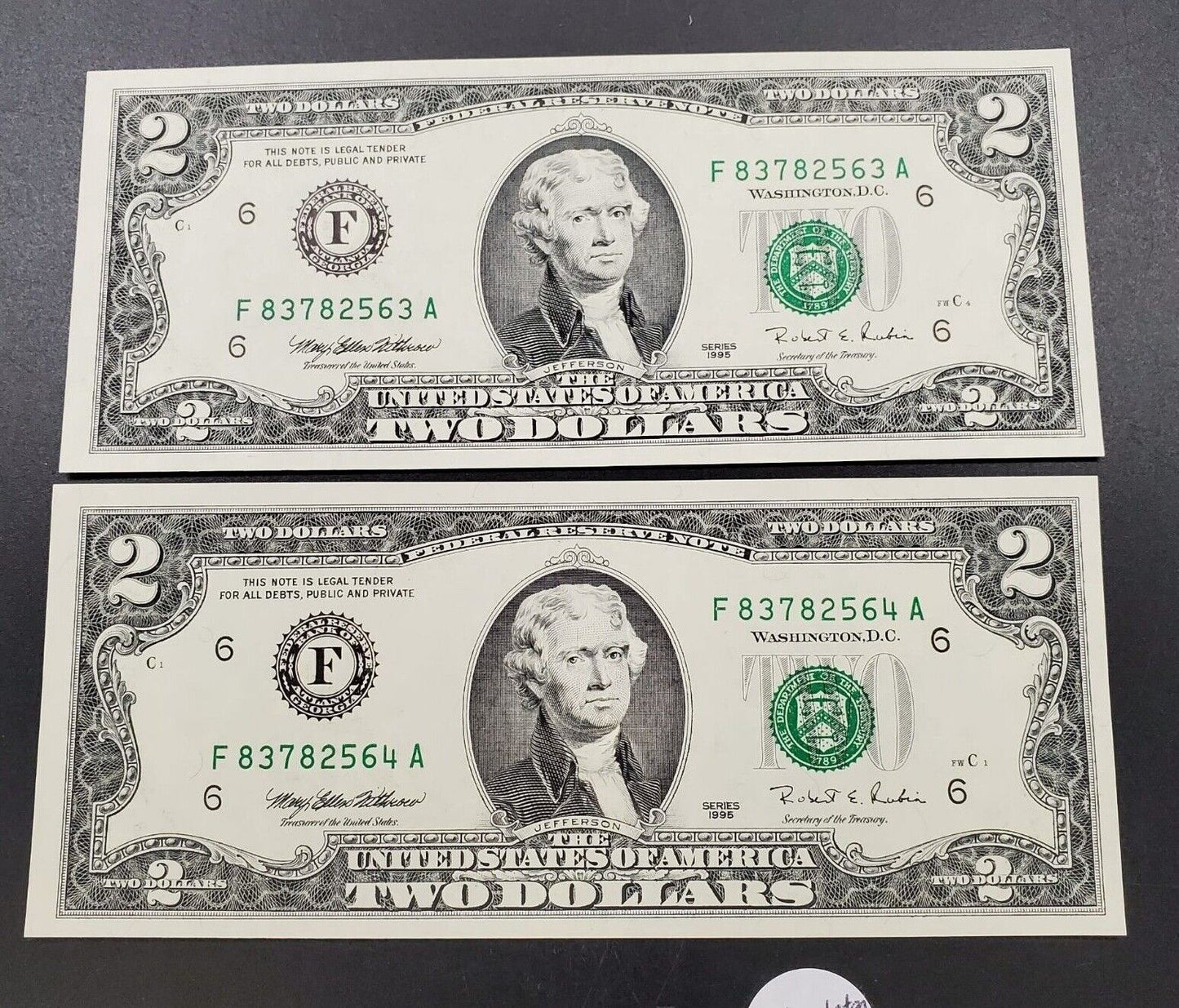 2 CONSECUTIVE 1995 $2 FRN FEDERAL RESERVE NOTE CH UNC #1