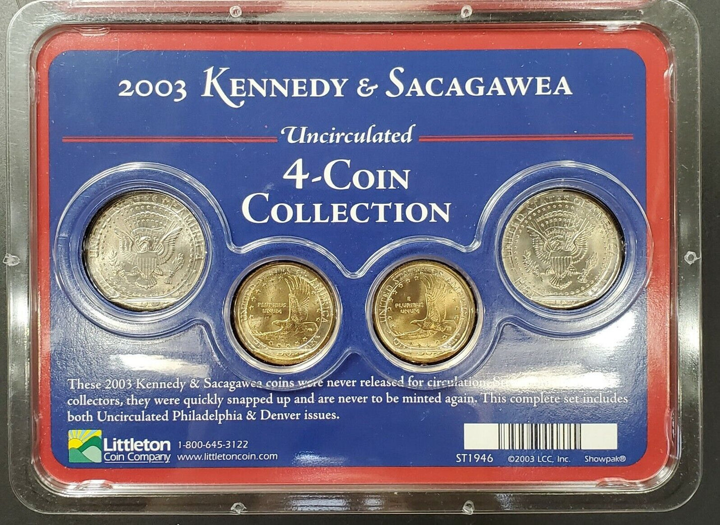 2003 P & D Uncirculated Kennedy Sacagawea Littleton Collector Edition 4 Coin Set