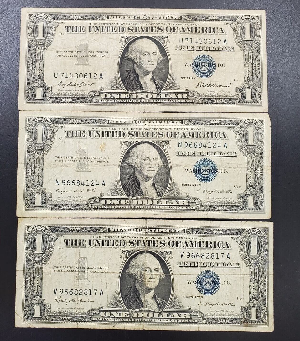 1957 $1 3 Note Letter Set w/ A & B Silver Certificate Blue Seal Currency VG